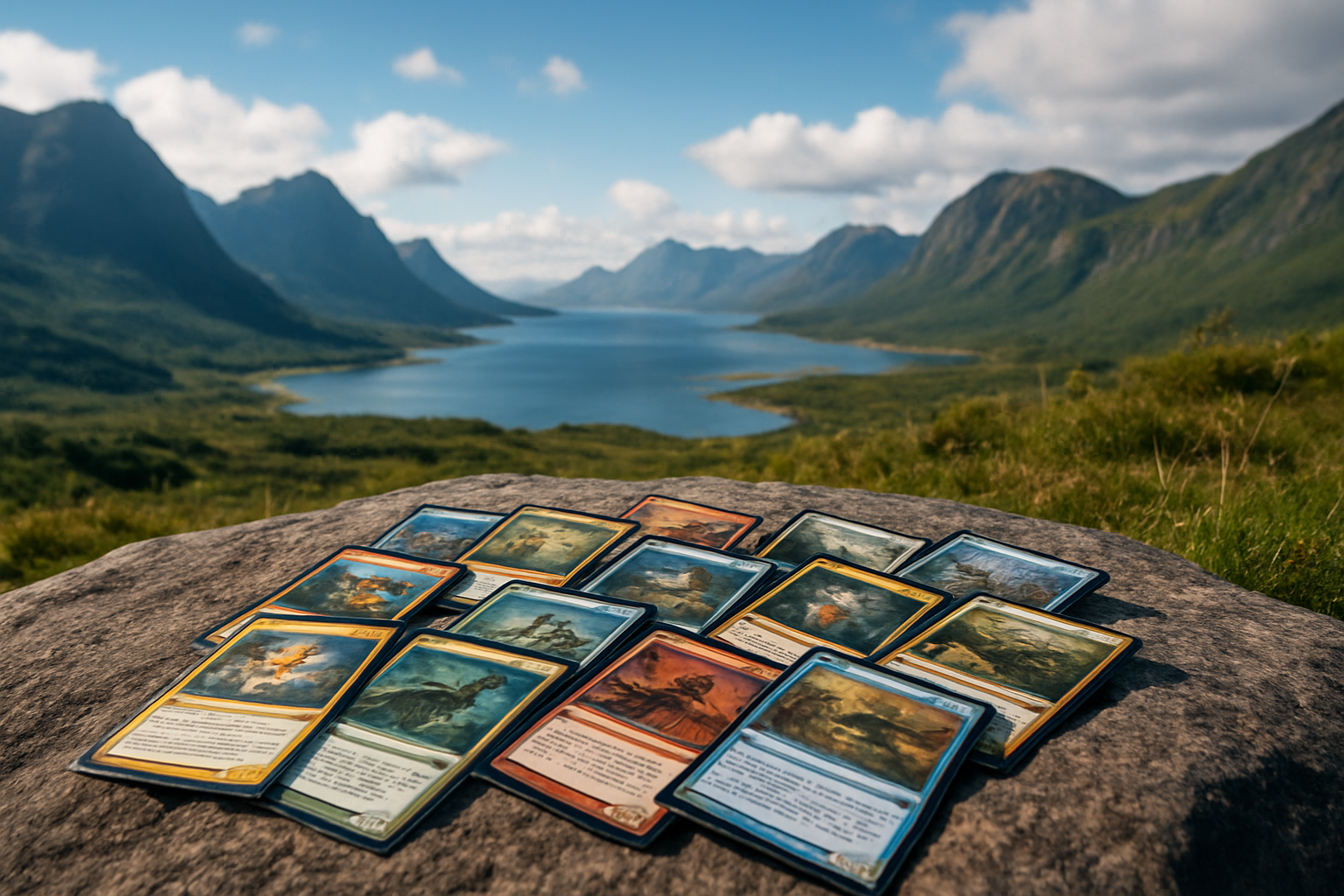 A collection of trading cards displayed on a rock with a scenic mountain lake in the background.